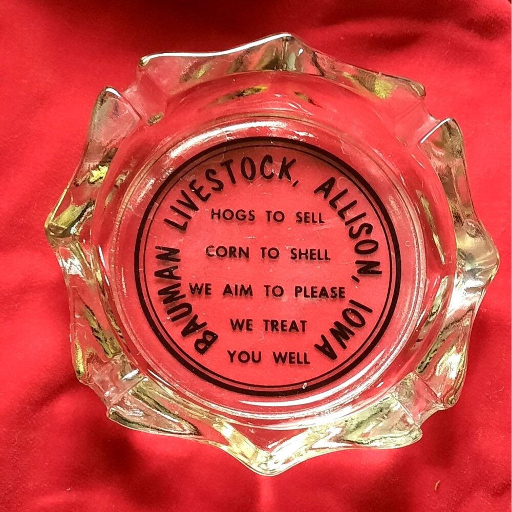 Vintage Ashtray Bauman Livestock Allison, Iowa Clear Farm Advertising Ashtray